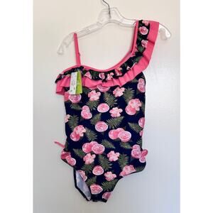 NWT Kalawalk One Shoulder Straps Ruffles Pink Lemon Printed Swimwear Size 16